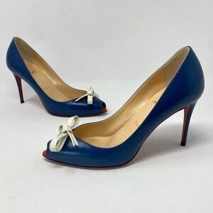 Christian Louboutin Blue Leather Tibunodo Bow Peep Toe Pumps size 36
